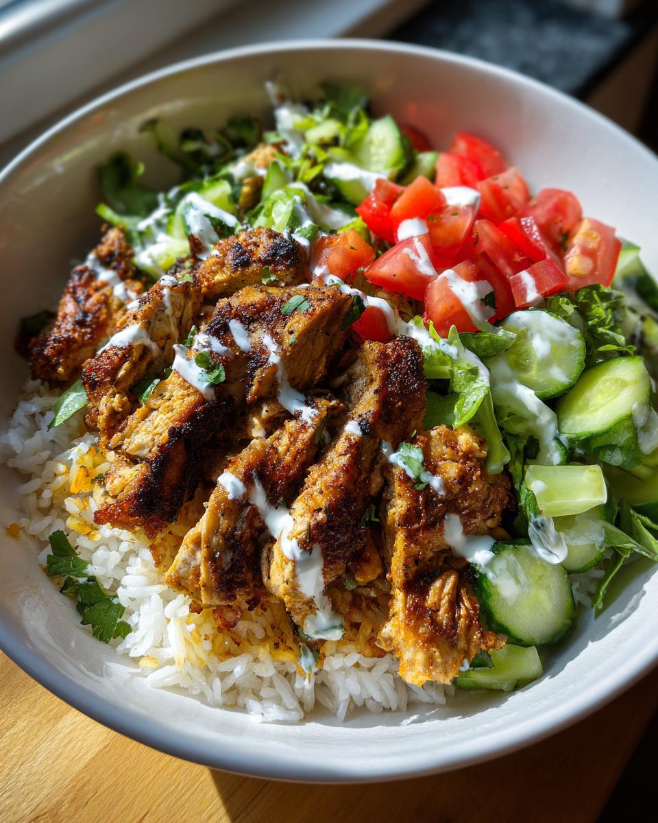 Chicken shawarma rice bowl iftar with grilled chicken, rice, tomatoes, cucumbers, and lettuce drizzled with white sauce