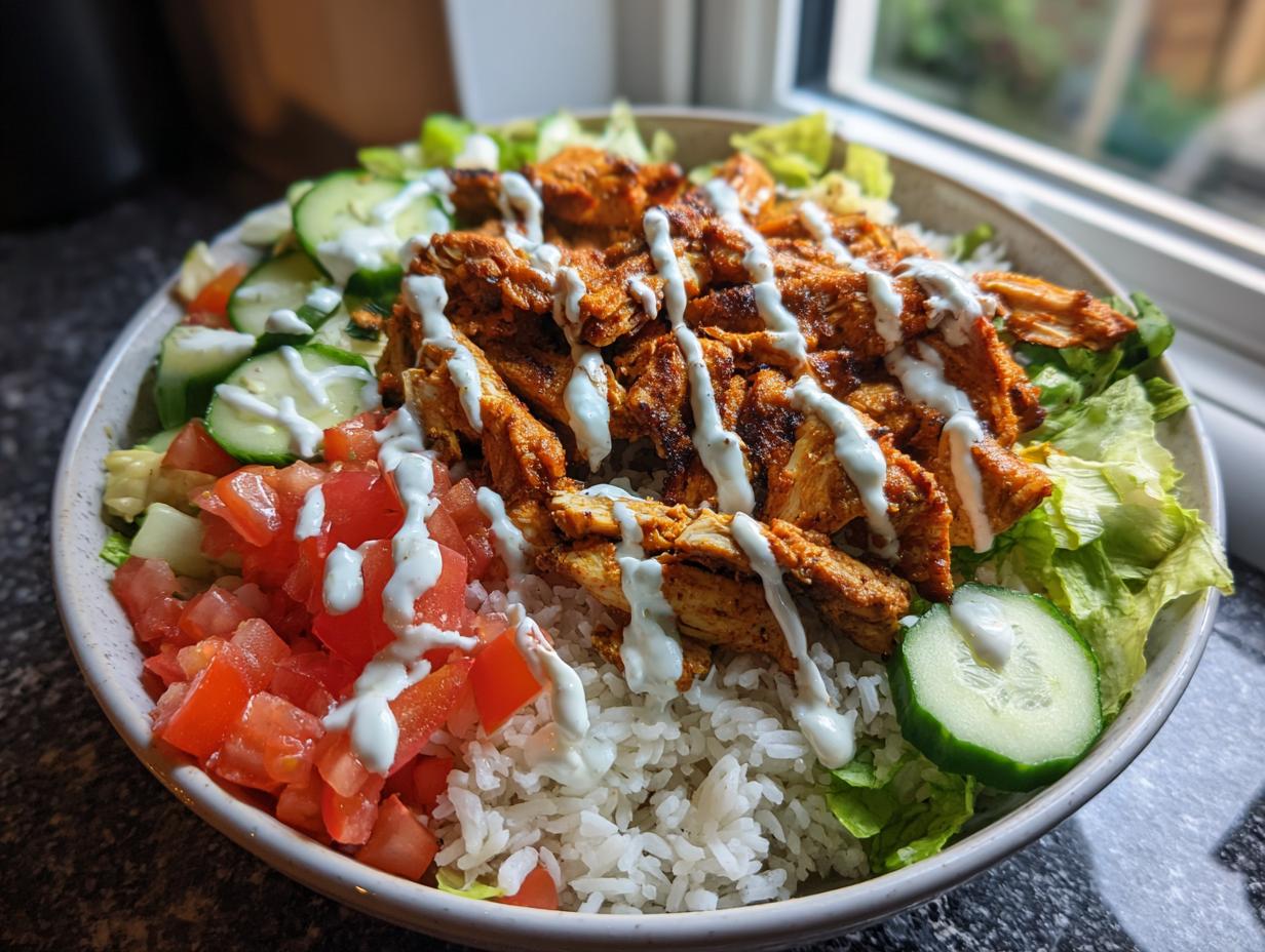 Chicken shawarma rice bowl iftar with grilled chicken, white rice, diced tomatoes, cucumber, lettuce, and drizzled sauce.