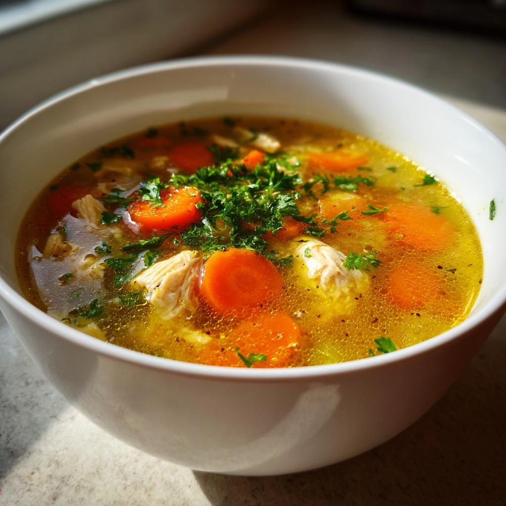 Close-up of chicken and vegetable soup for iftar with carrots and herbs in a white bowl.