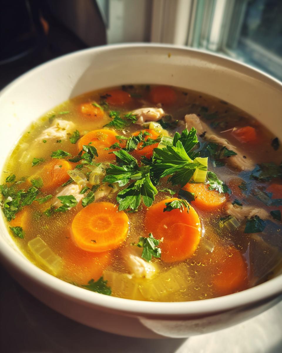 Bowl of chicken and vegetable soup for iftar with carrots, celery, and fresh herbs