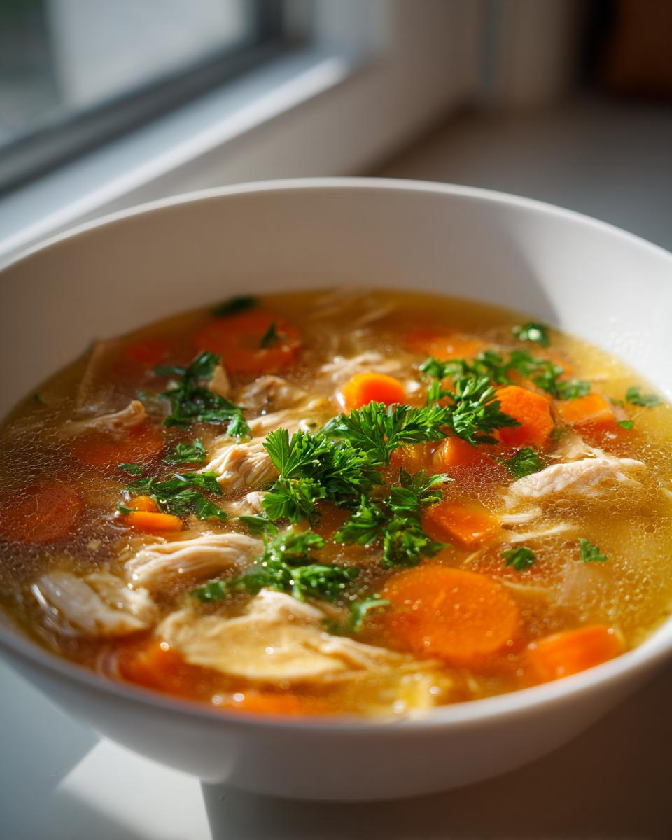 Bowl of chicken and vegetable soup for iftar with carrots, shredded chicken, and parsley garnish.