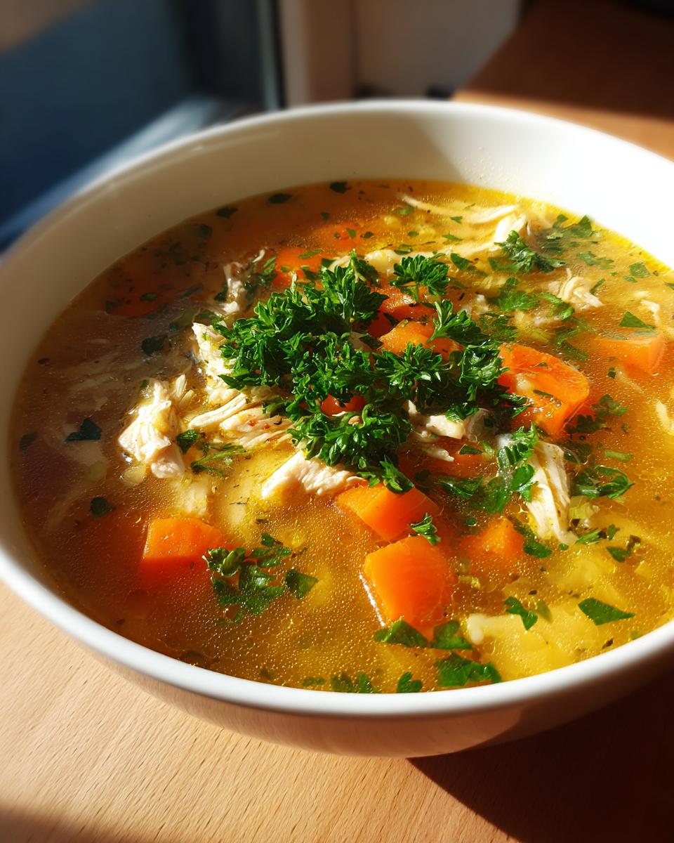 Bowl of chicken and vegetable soup for iftar with carrots, shredded chicken, and fresh parsley garnish