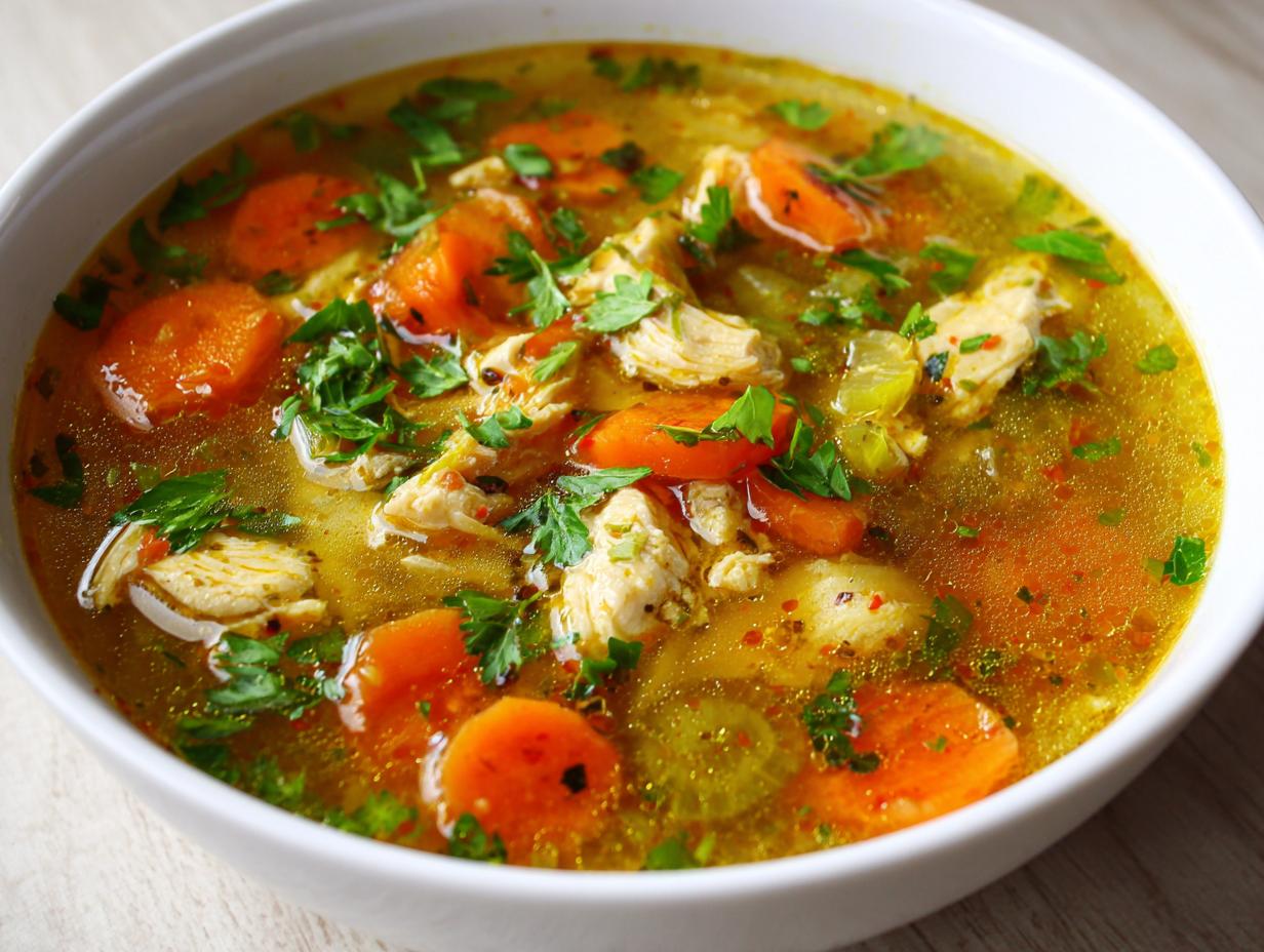 Bowl of chicken and vegetable soup for iftar with carrots, chicken pieces, celery, and herbs.