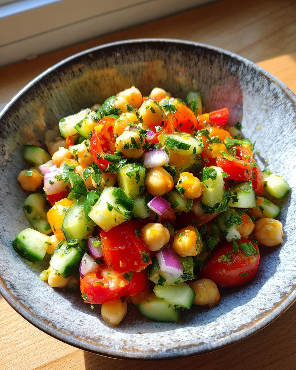 Colorful chickpea salad lunch for ramadan with cucumbers, tomatoes, red onions, and herbs in a bowl.