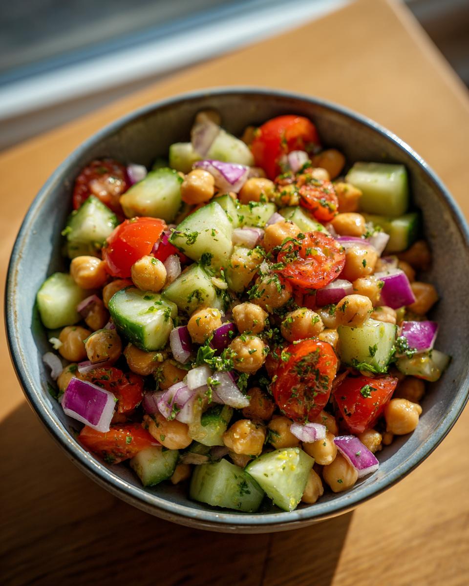 Bowl of chickpea salad lunch for ramadan with cucumbers, cherry tomatoes, red onion, and herbs.