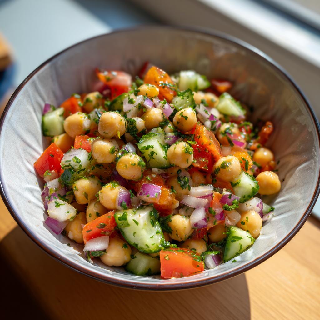 Bowl of colorful chickpea salad lunch for ramadan with cucumbers, tomatoes, onions, and herbs.