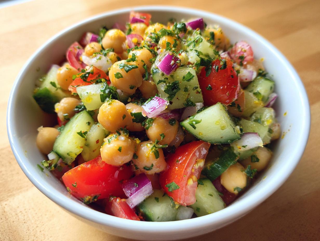 Bowl of chickpea salad lunch for ramadan with cucumber, tomato, red onion, and herbs.