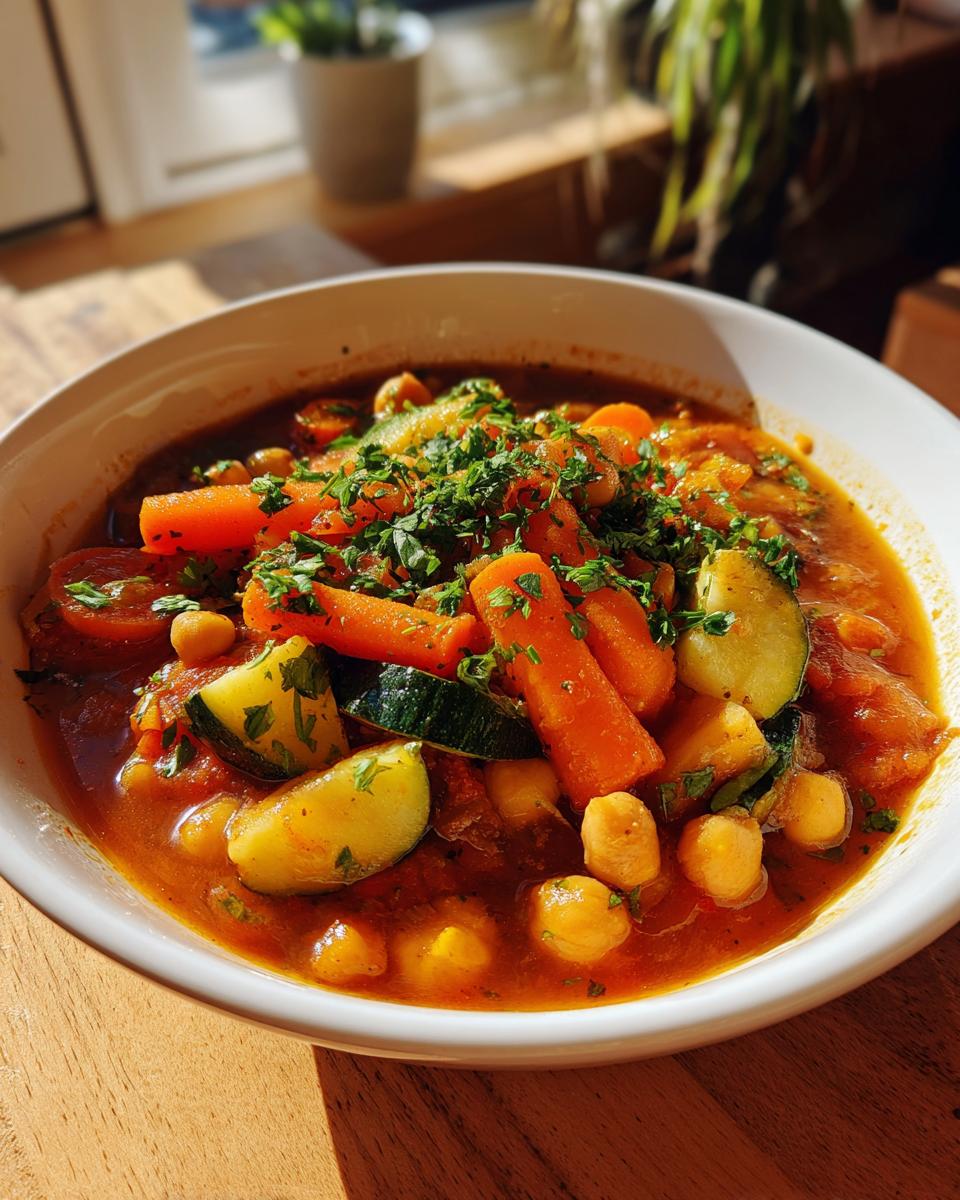 Bowl of chickpea and vegetable stew ramadan with carrots, zucchini, and fresh herbs.