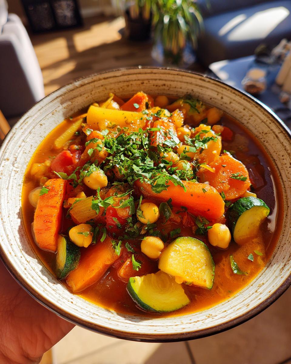 Bowl of chickpea and vegetable stew ramadan with carrots, zucchini, and herbs in tomato broth