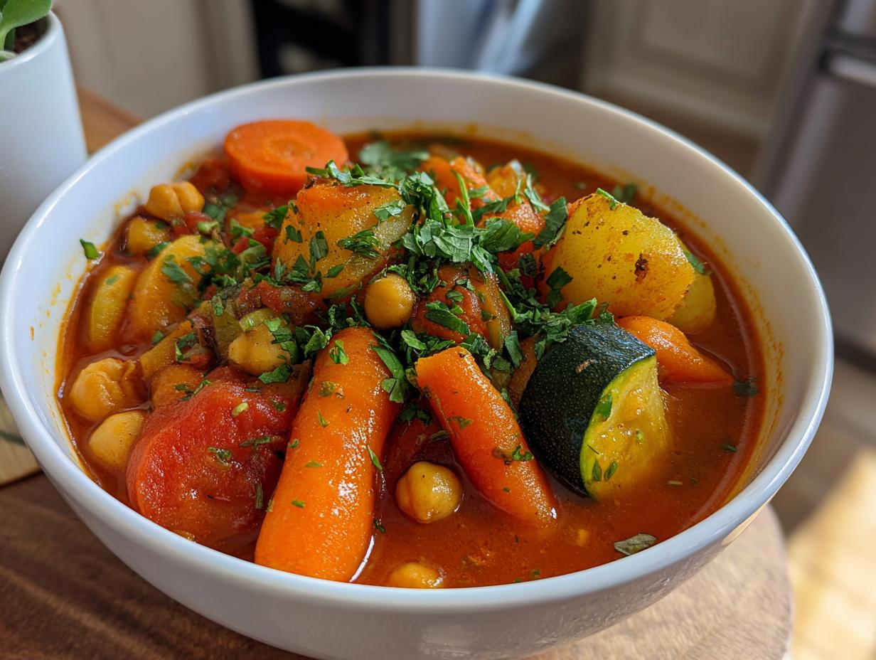 Bowl of chickpea and vegetable stew ramadan with carrots, zucchini, potatoes, and fresh herbs