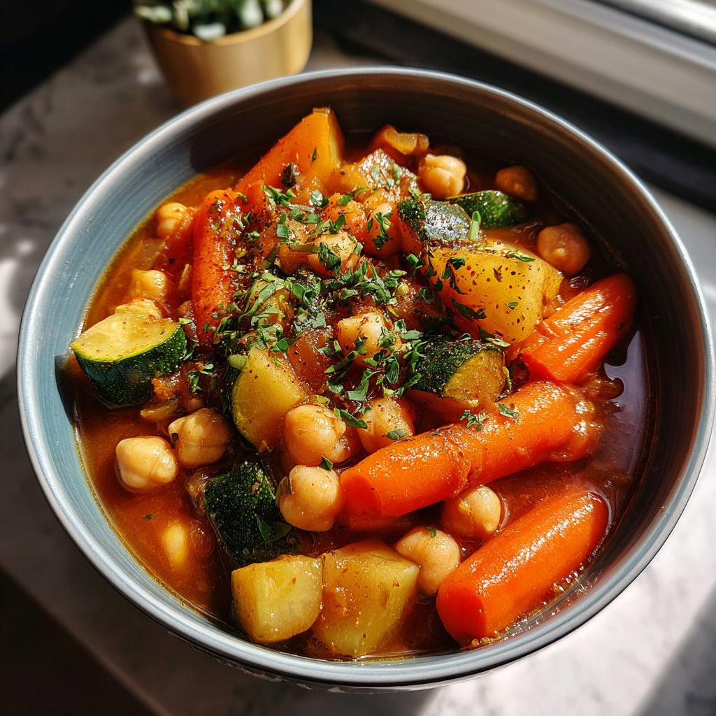 Bowl of chickpea and vegetable stew ramadan with carrots, zucchini, and herbs.