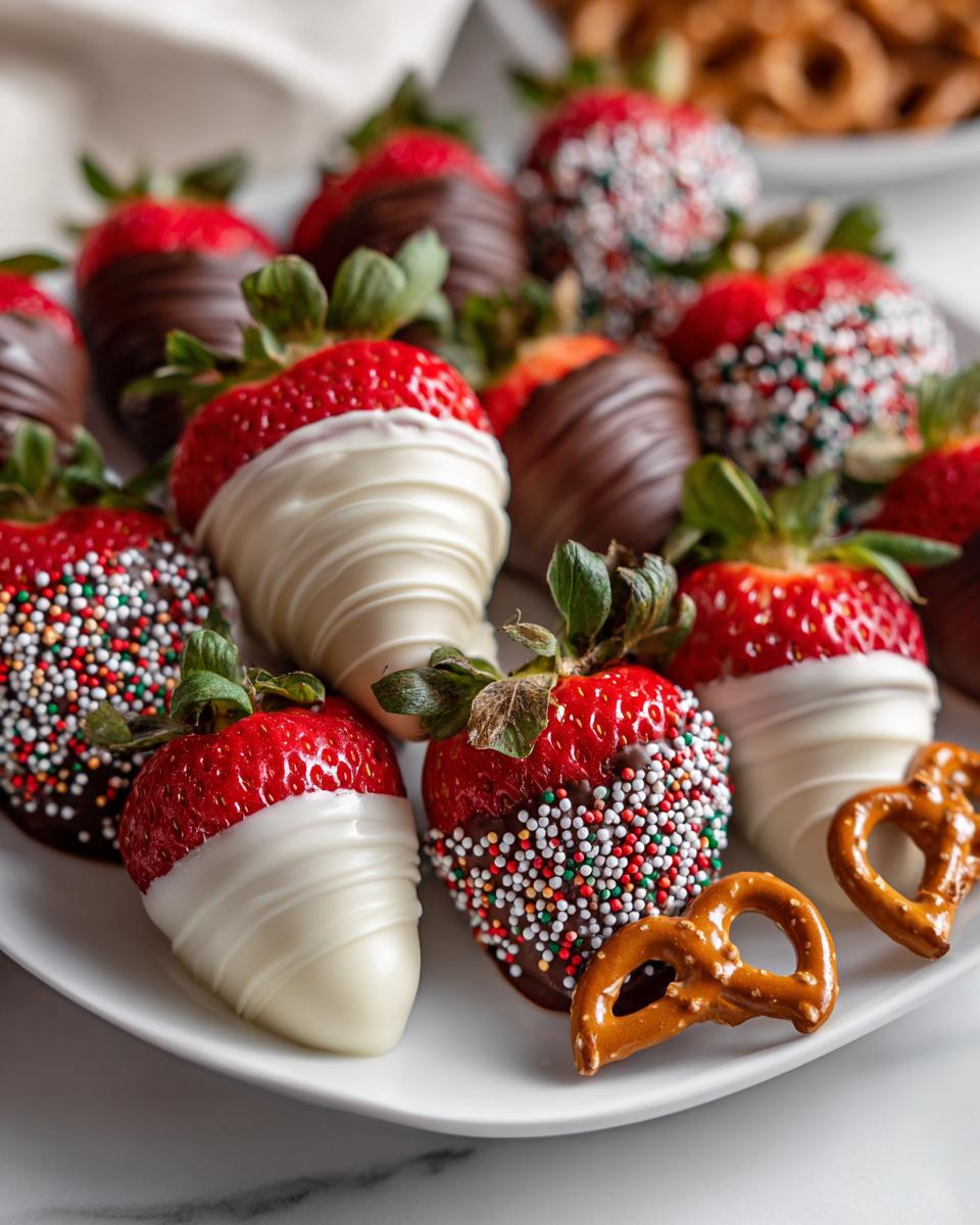 Plate of strawberries dipped in white and dark chocolate with sprinkles and pretzels for valentines snacks