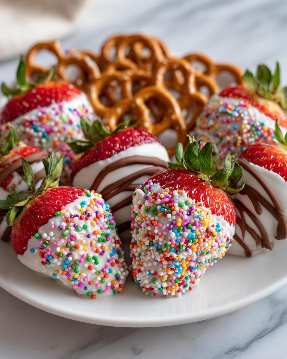 Strawberries dipped in white chocolate with colorful sprinkles and chocolate drizzle on a plate with pretzels