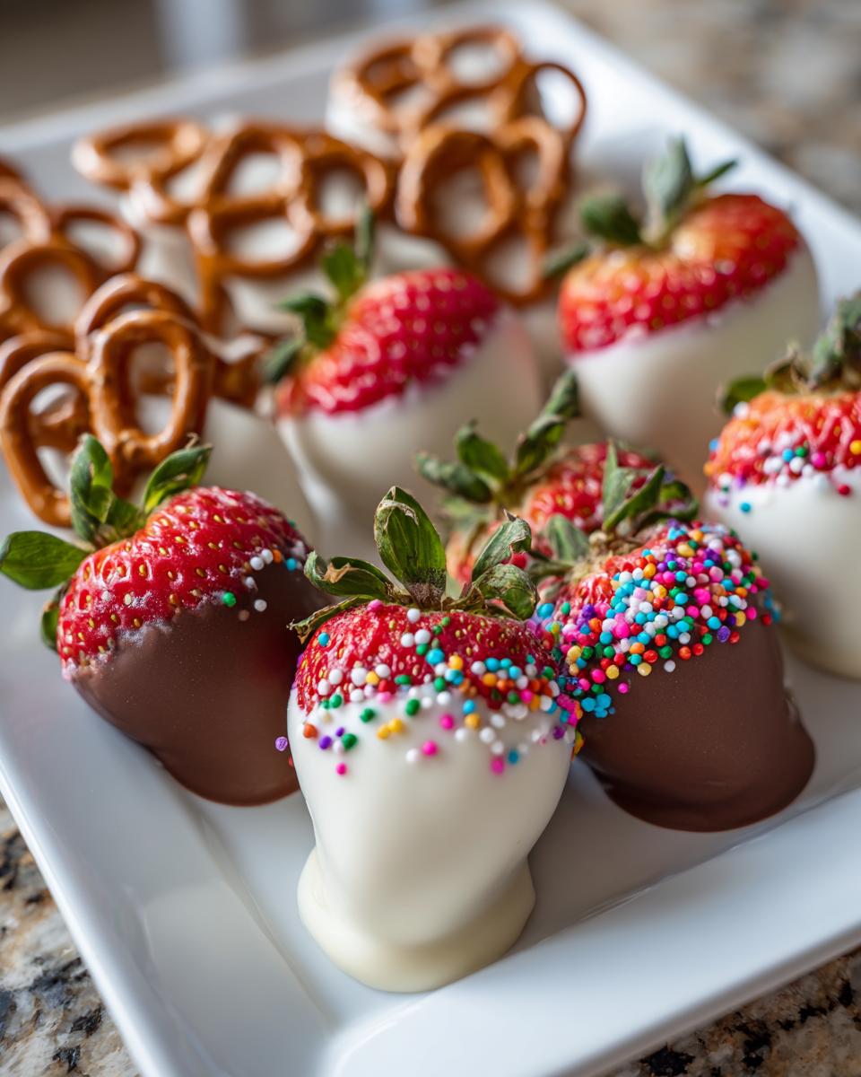 Strawberries dipped in white and milk chocolate with colorful sprinkles and pretzels on a white plate valentines snacks