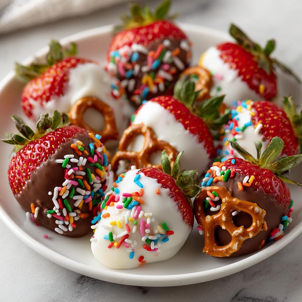 Strawberries dipped in white and dark chocolate with colorful sprinkles and pretzels on a white plate, valentines snacks