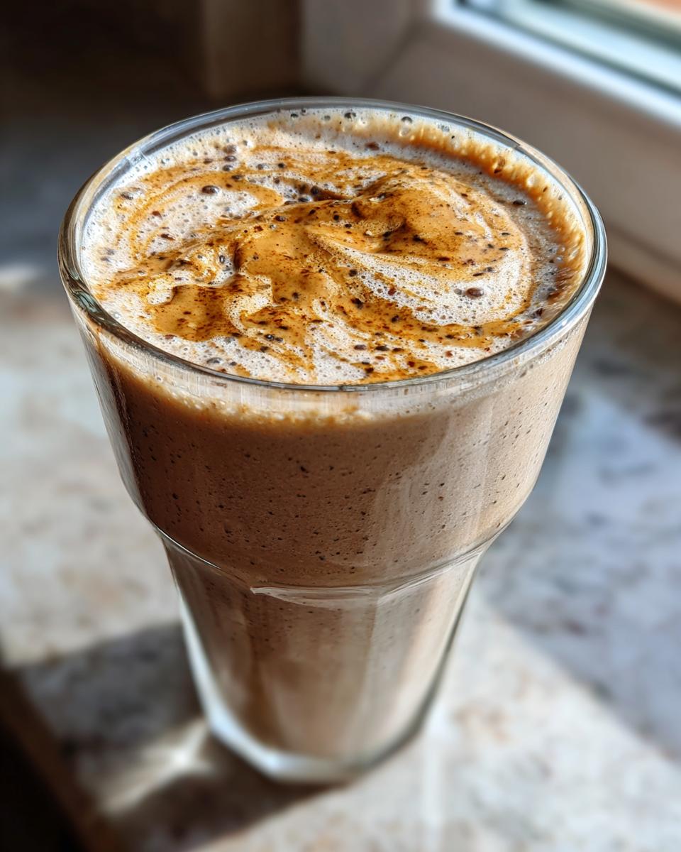 Close-up of a creamy chocolate protein smoothie topped with frothy swirls in a clear glass.