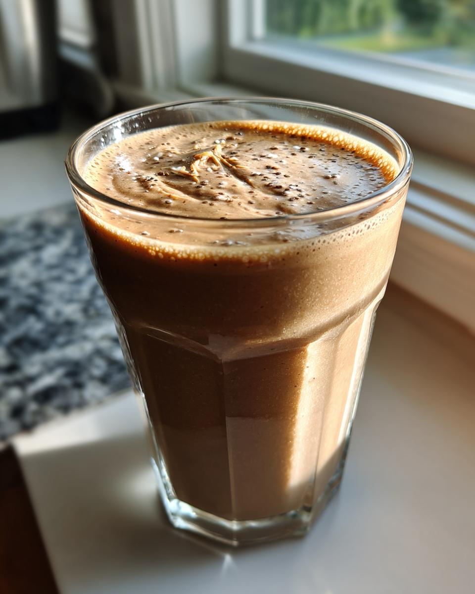 Close-up of a creamy chocolate protein smoothie in a clear glass on a kitchen counter.