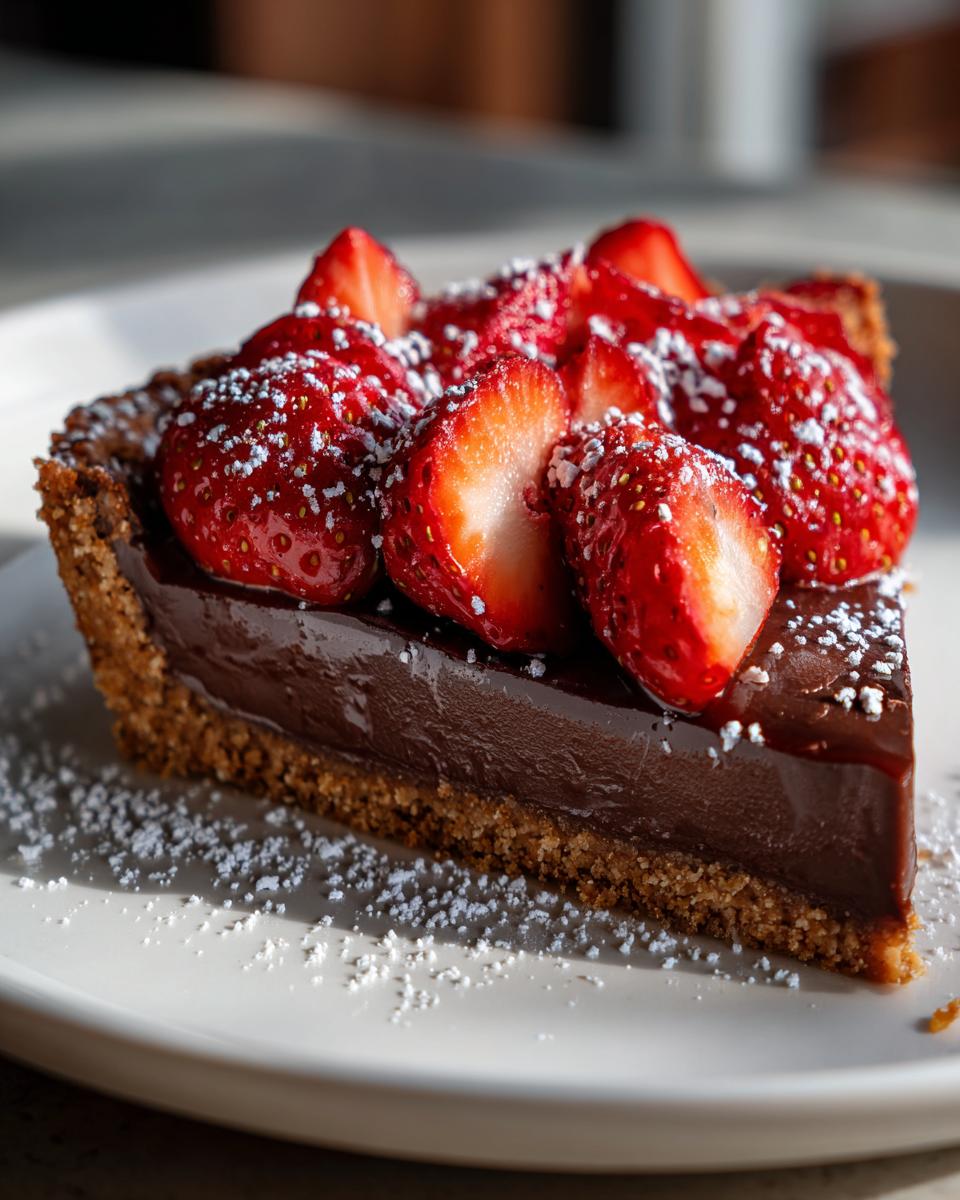 Slice of chocolate tart topped with fresh strawberries and powdered sugar on a white plate