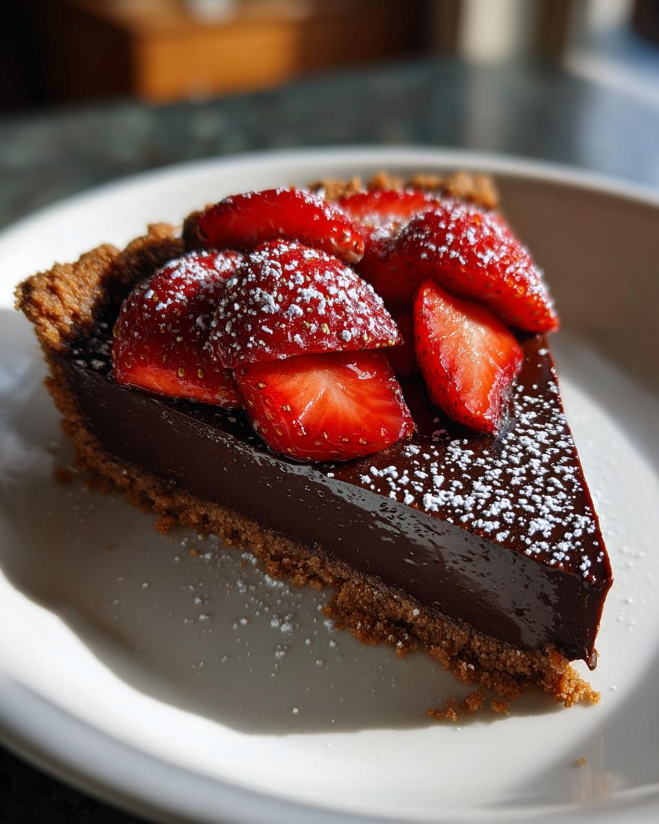 Slice of chocolate tart topped with fresh strawberries and powdered sugar on a white plate