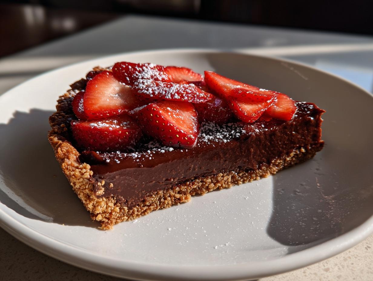 Slice of chocolate tart topped with fresh strawberry slices and powdered sugar on a white plate