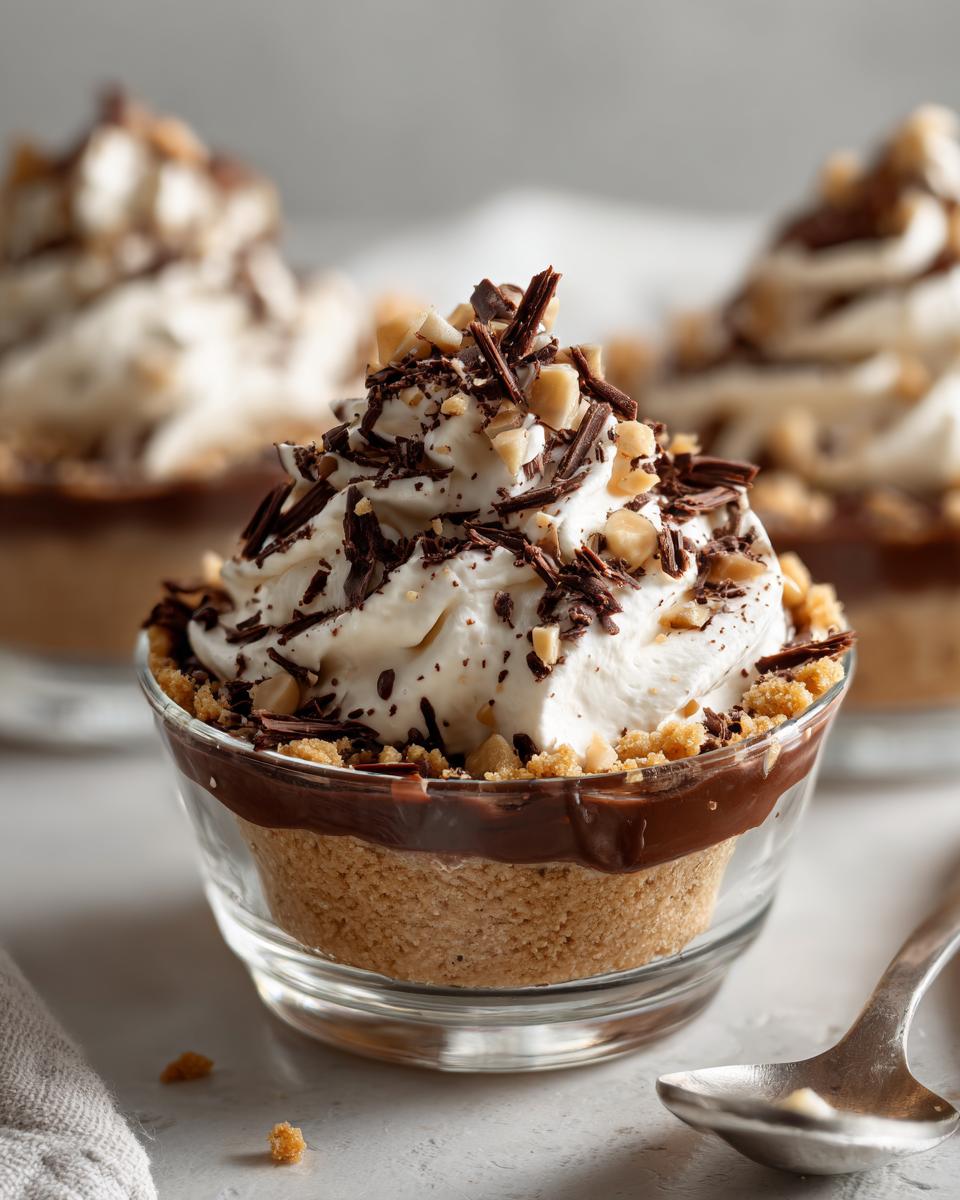 Glass cup with layered chocolate dessert topped with whipped cream and chocolate shavings, a ramadan dessert cups ideas