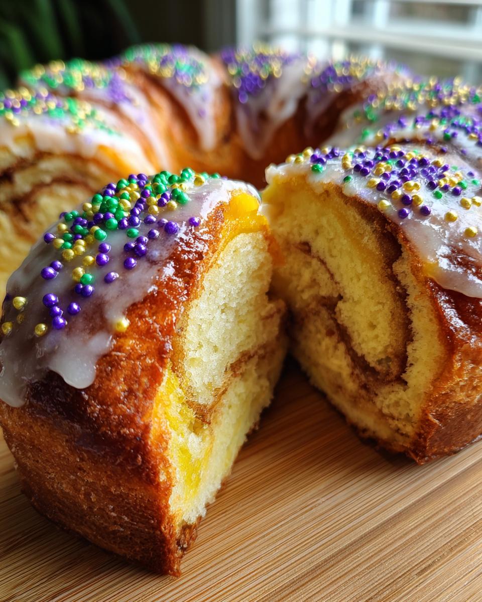 Close-up of a sliced king cake with white icing and purple, green, and gold sprinkles.