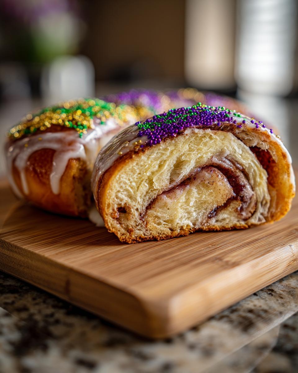 Close-up of a sliced king cake with icing and purple, green, and gold sprinkles on a wooden board.