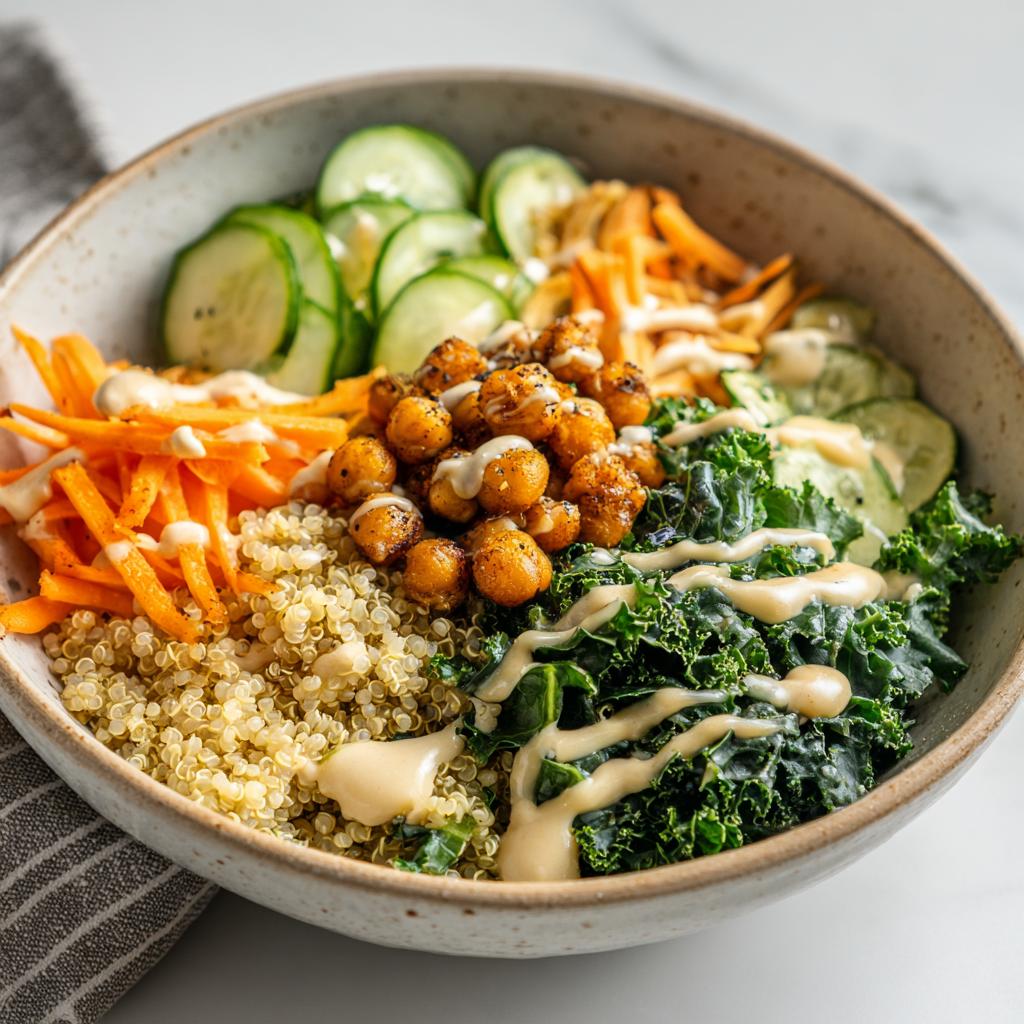 Buddha bowl recipes featuring quinoa, roasted chickpeas, kale, cucumber, and shredded carrots with dressing