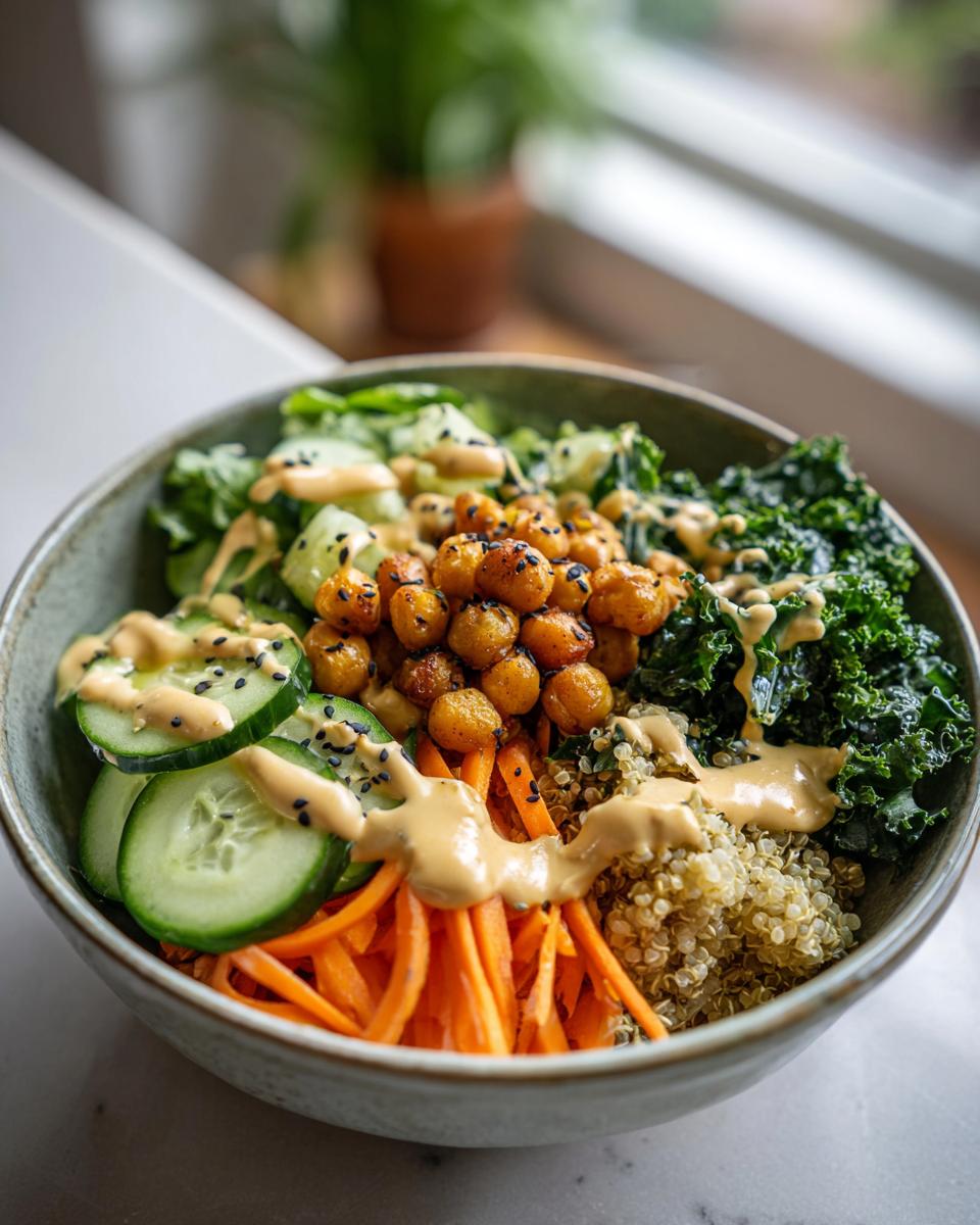 Buddha bowl recipes featuring chickpeas, cucumber, shredded carrots, kale, quinoa, and tahini sauce drizzle