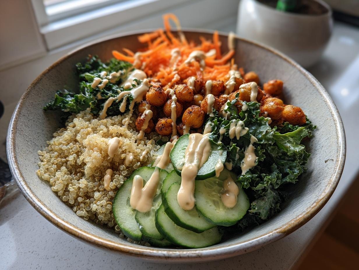 Buddha bowl recipes featuring quinoa, roasted chickpeas, kale, cucumber, and shredded carrots with dressing