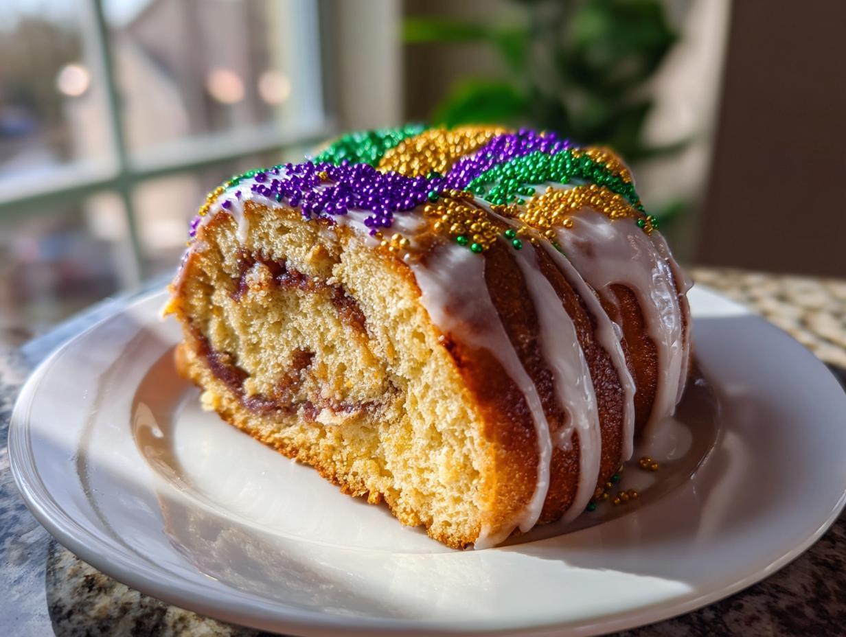 Slice of king cake with white icing and purple, green, and gold beads on top.