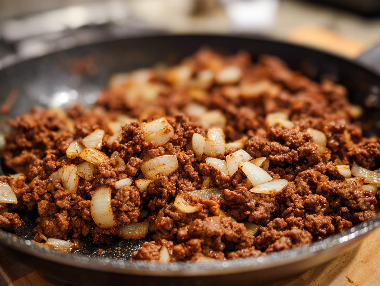 Close-up of cooked ground beef with sautéed onions in a black skillet for healthy ground beef recipes