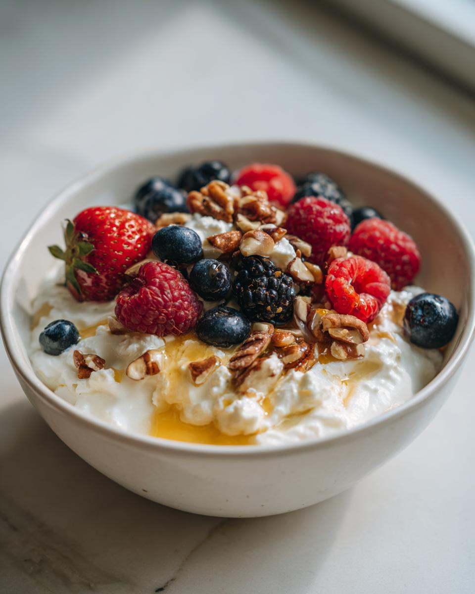 Bowl of cottage cheese topped with strawberries, raspberries, blueberries, blackberries, nuts, and honey drizzle.