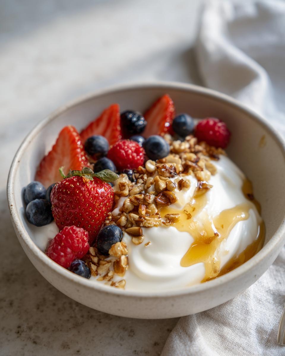 Cottage cheese bowl suhoor ideas with strawberries, blueberries, raspberries, granola, and honey drizzle