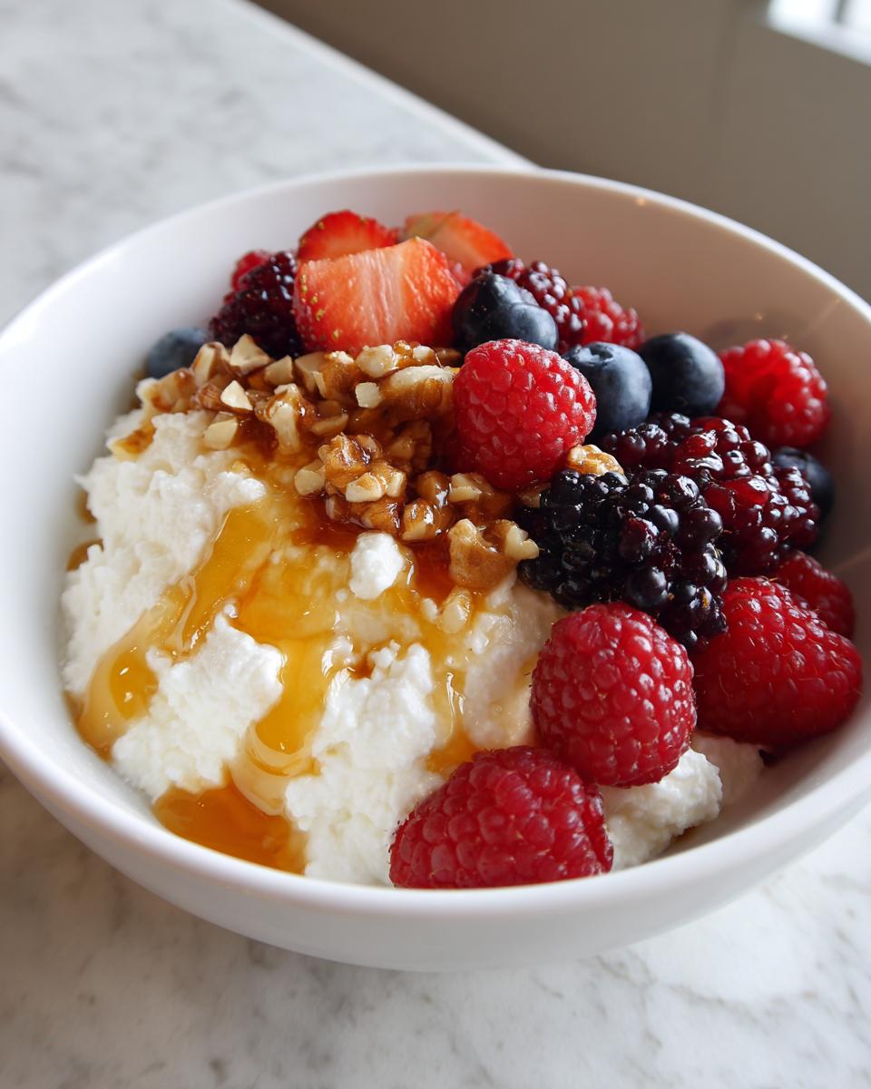 White bowl of cottage cheese topped with strawberries, raspberries, blackberries, blueberries, nuts, and honey.