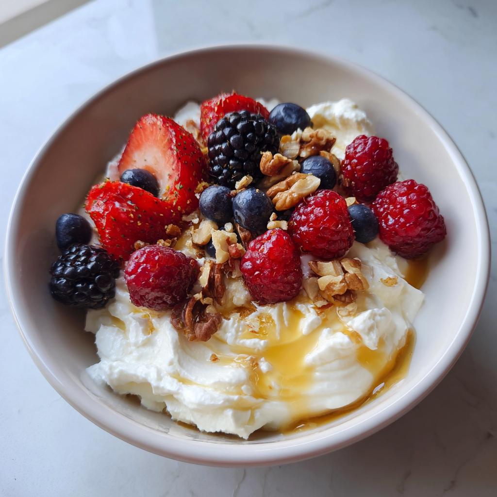 Bowl of cottage cheese topped with strawberries, raspberries, blackberries, blueberries, walnuts, and honey drizzle