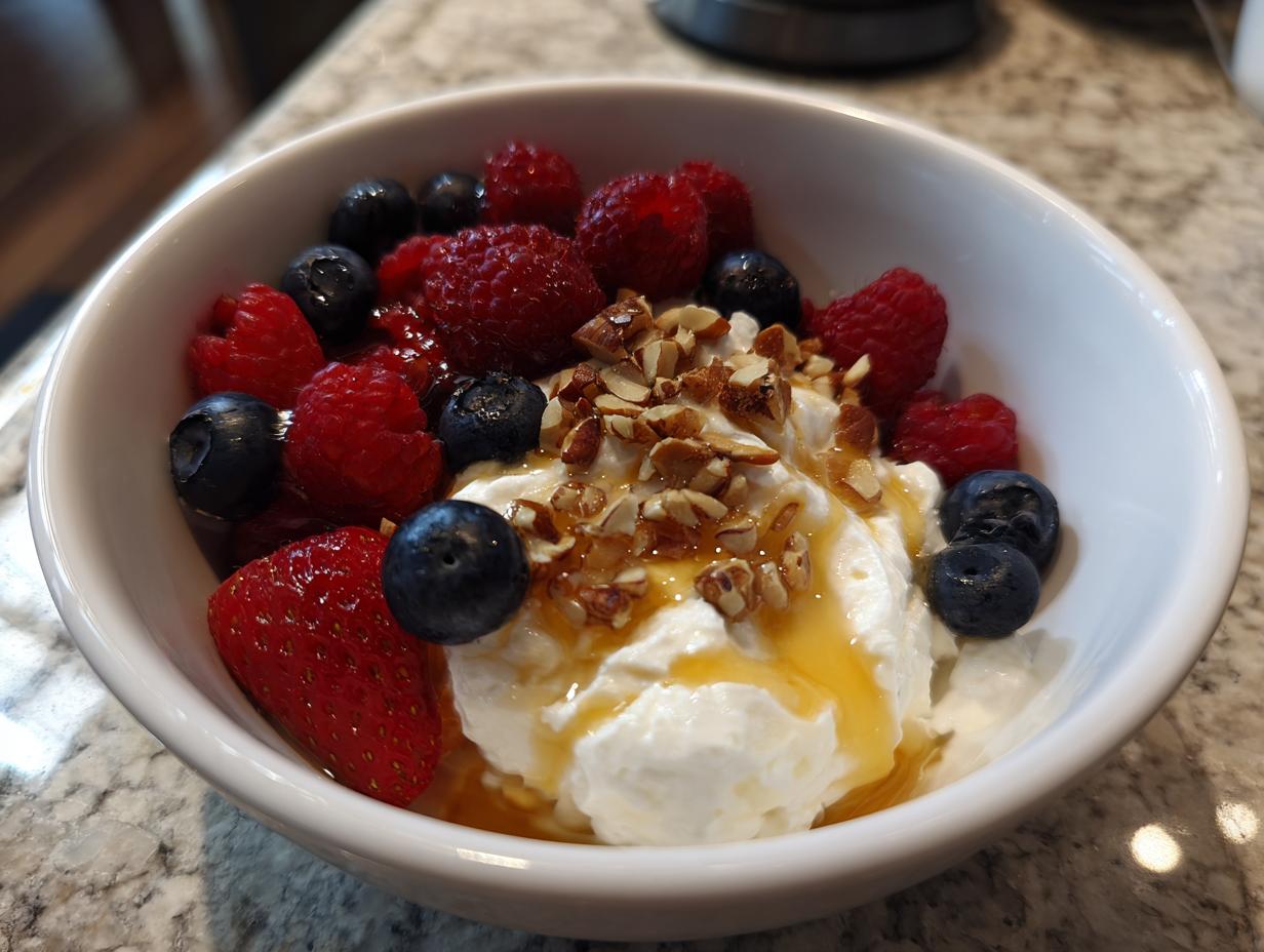 Bowl of cottage cheese topped with fresh strawberries, raspberries, blueberries, chopped nuts, and honey.