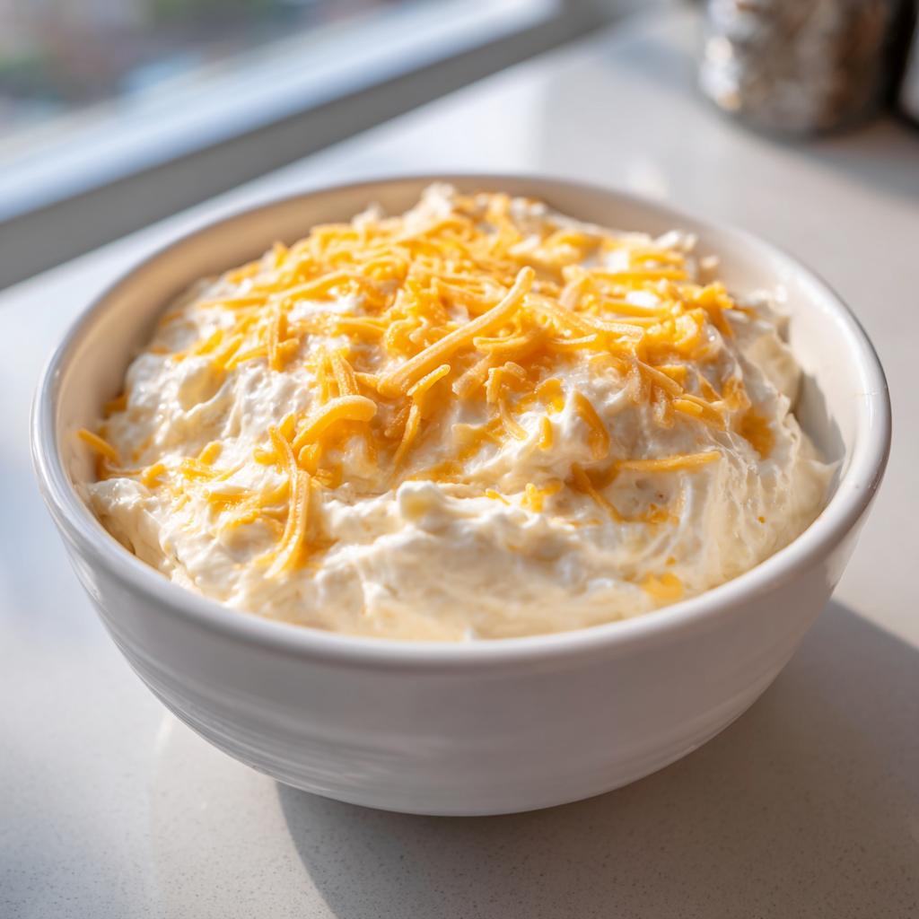 White bowl filled with creamy super bowl dips topped with shredded cheddar cheese.