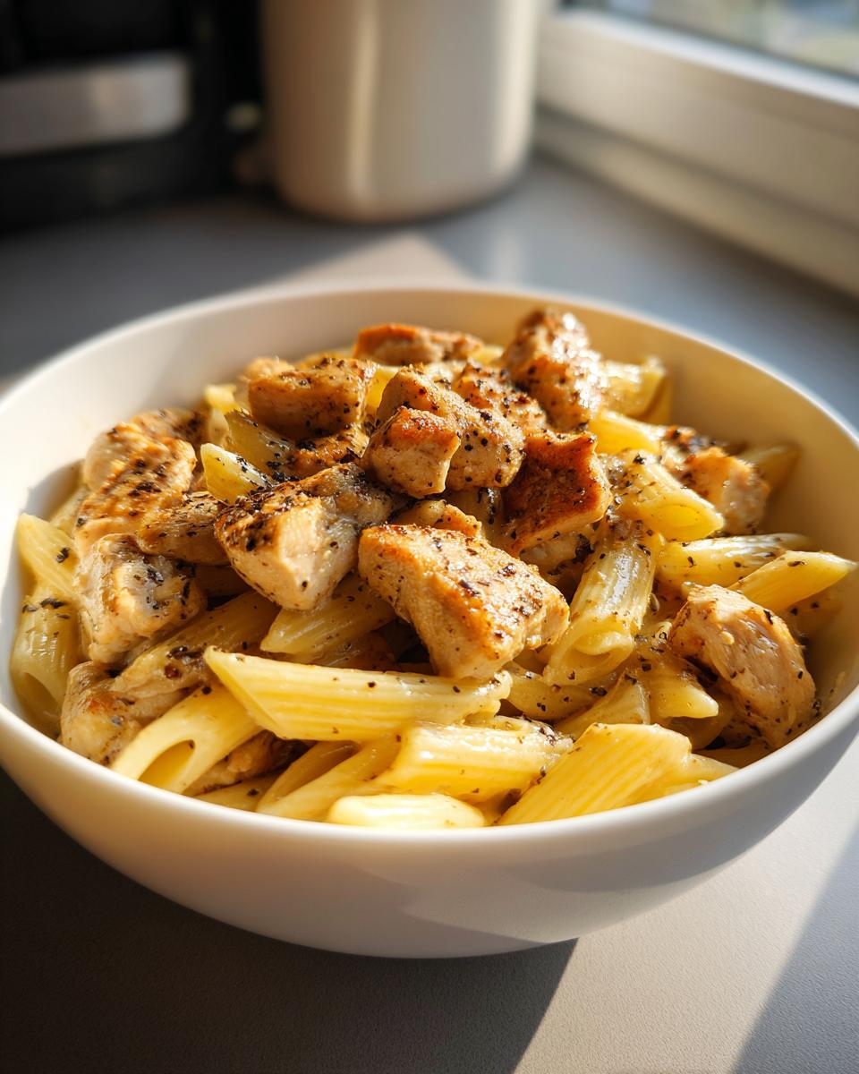 Bowl of creamy chicken pasta recipes with seasoned grilled chicken pieces on penne pasta.