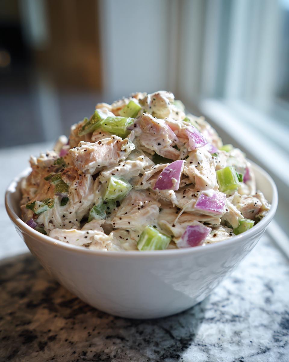Bowl of creamy chicken salad with celery, red onion, and black pepper