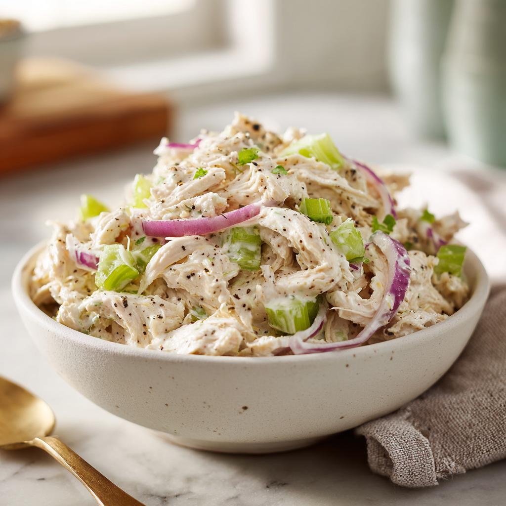 Bowl of creamy chicken salad with celery and red onion slices, seasoned with black pepper.