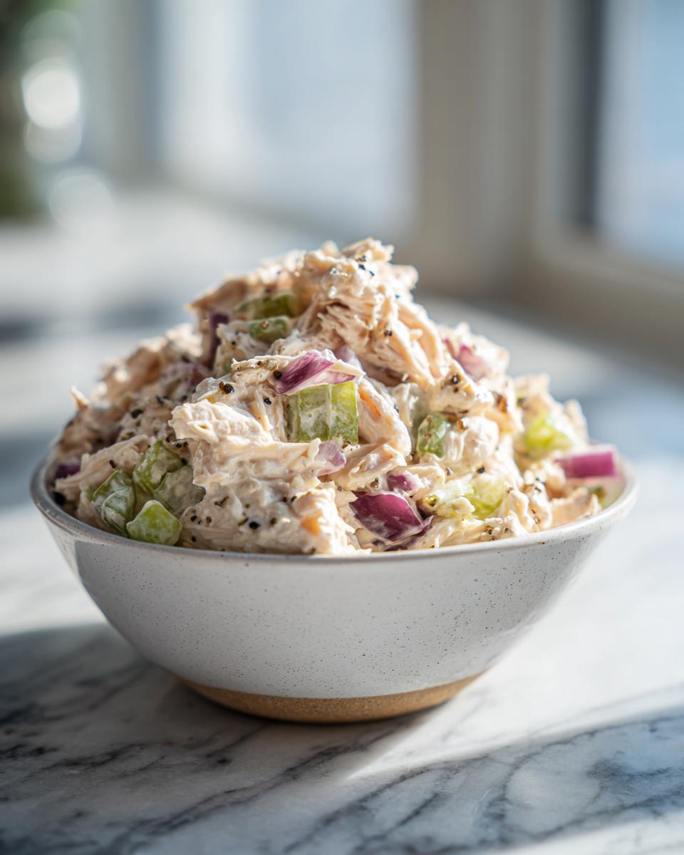 Bowl of creamy chicken salad with celery, red onion, and black pepper on marble surface.