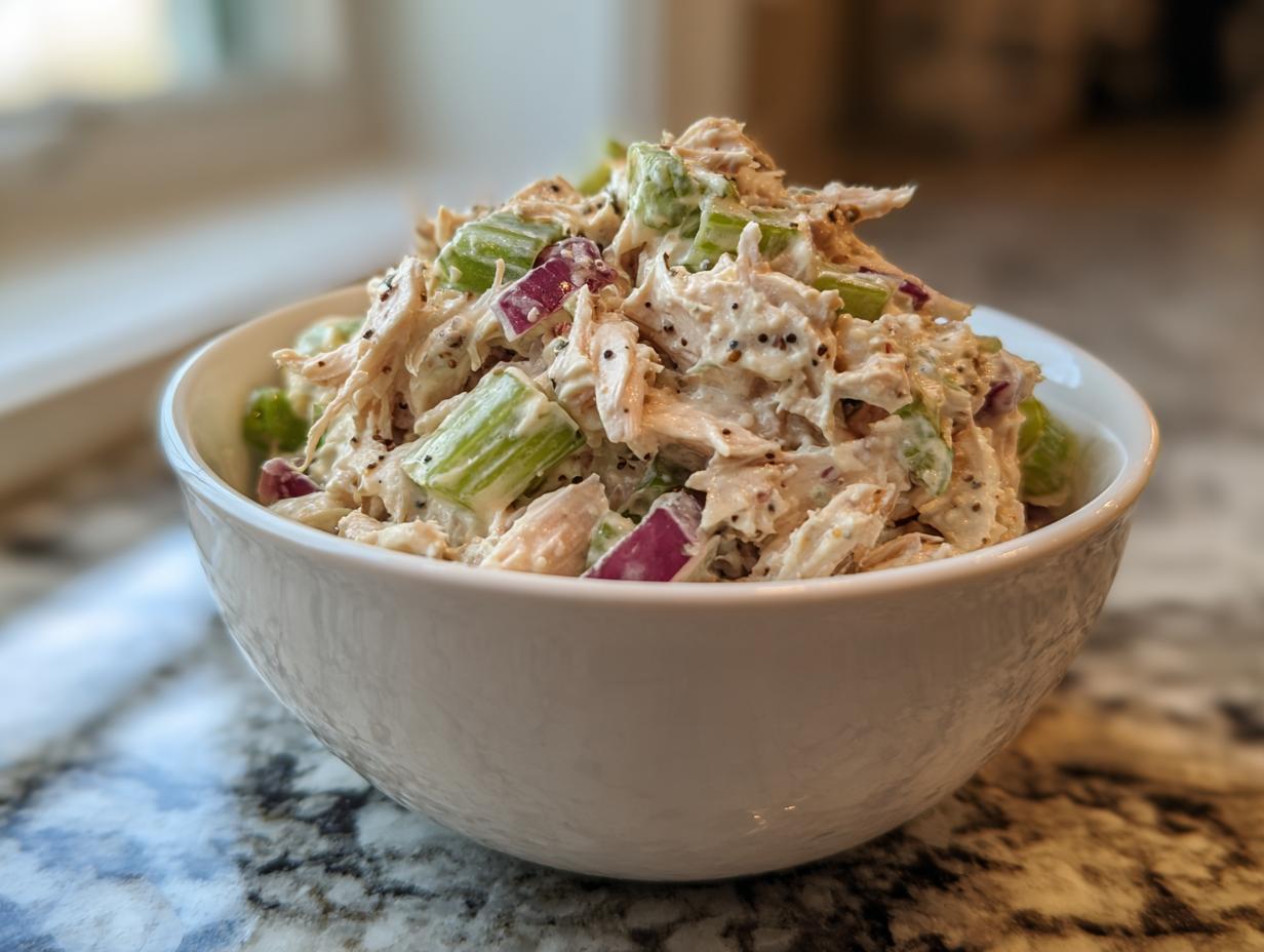 Bowl of creamy chicken salad with celery and red onion pieces on marble countertop