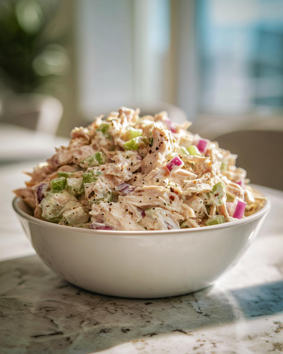 Close-up of creamy chicken salad with celery and red onion in a white bowl.