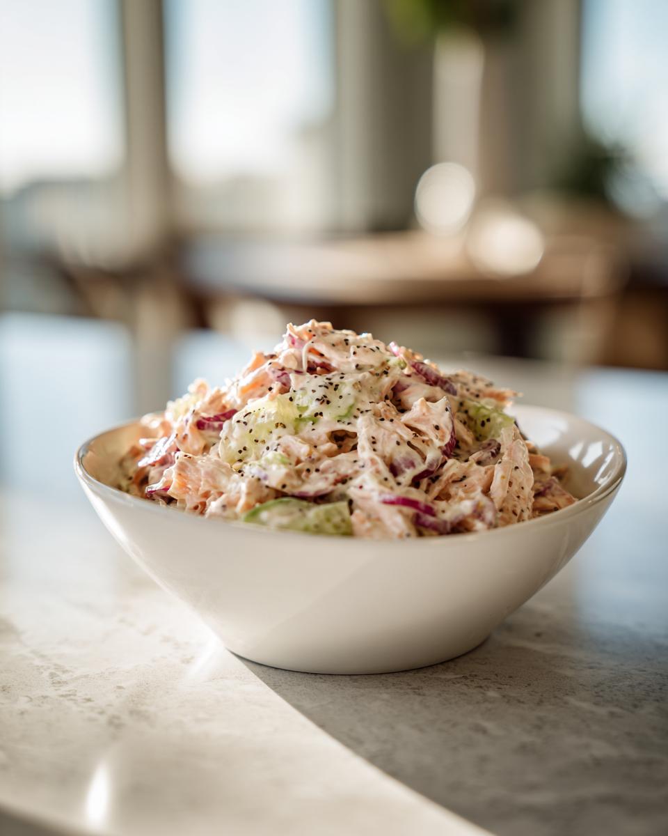 White bowl filled with creamy chicken salad with celery and red onion, sprinkled with black pepper.