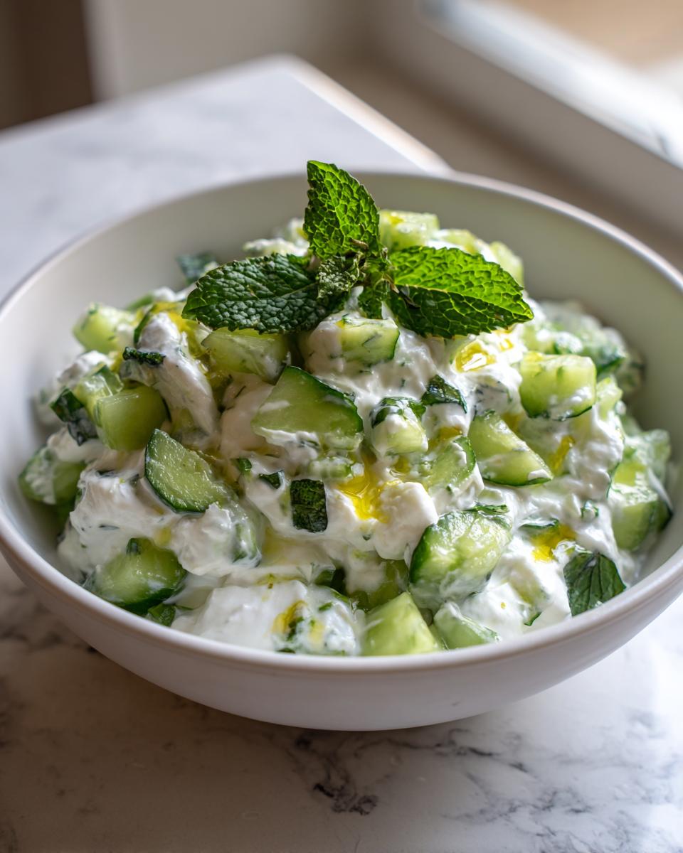 Creamy cucumber yogurt salad for iftar garnished with fresh mint leaves in a white bowl