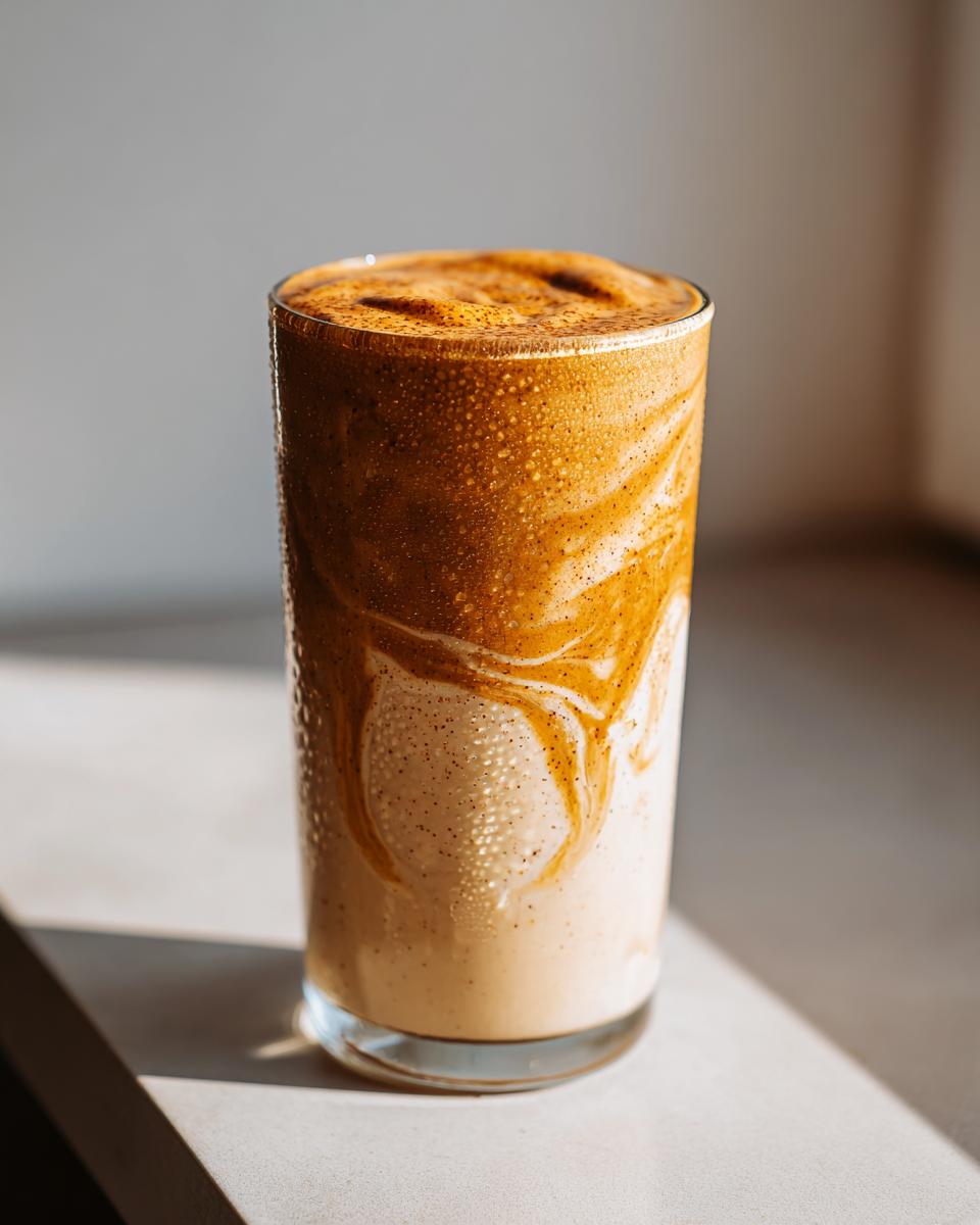 Close-up of a creamy date and banana smoothie suhoor with swirls in a clear glass.