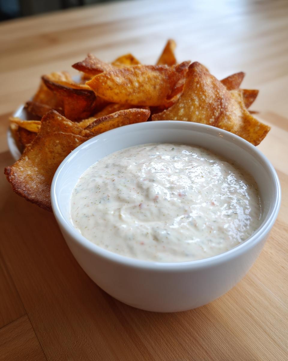 White bowl of creamy dip served with crispy seasoned chips on a wooden surface, perfect super bowl snacks.