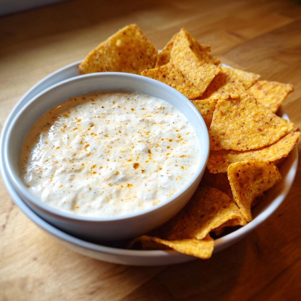 Bowl of creamy dip sprinkled with seasoning served with tortilla chips for super bowl snacks