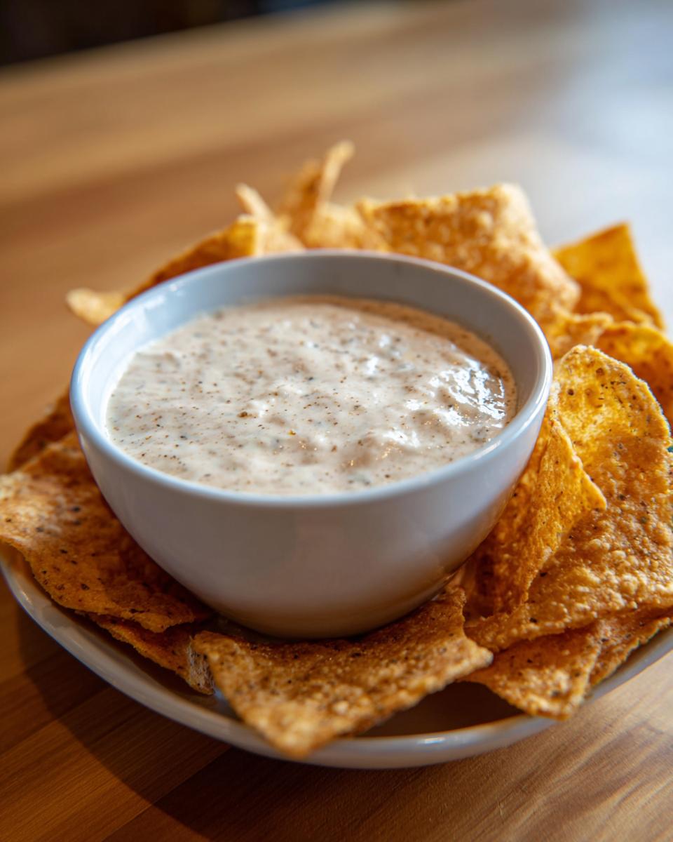 White bowl of creamy dip surrounded by seasoned tortilla chips on a plate, perfect super bowl snacks
